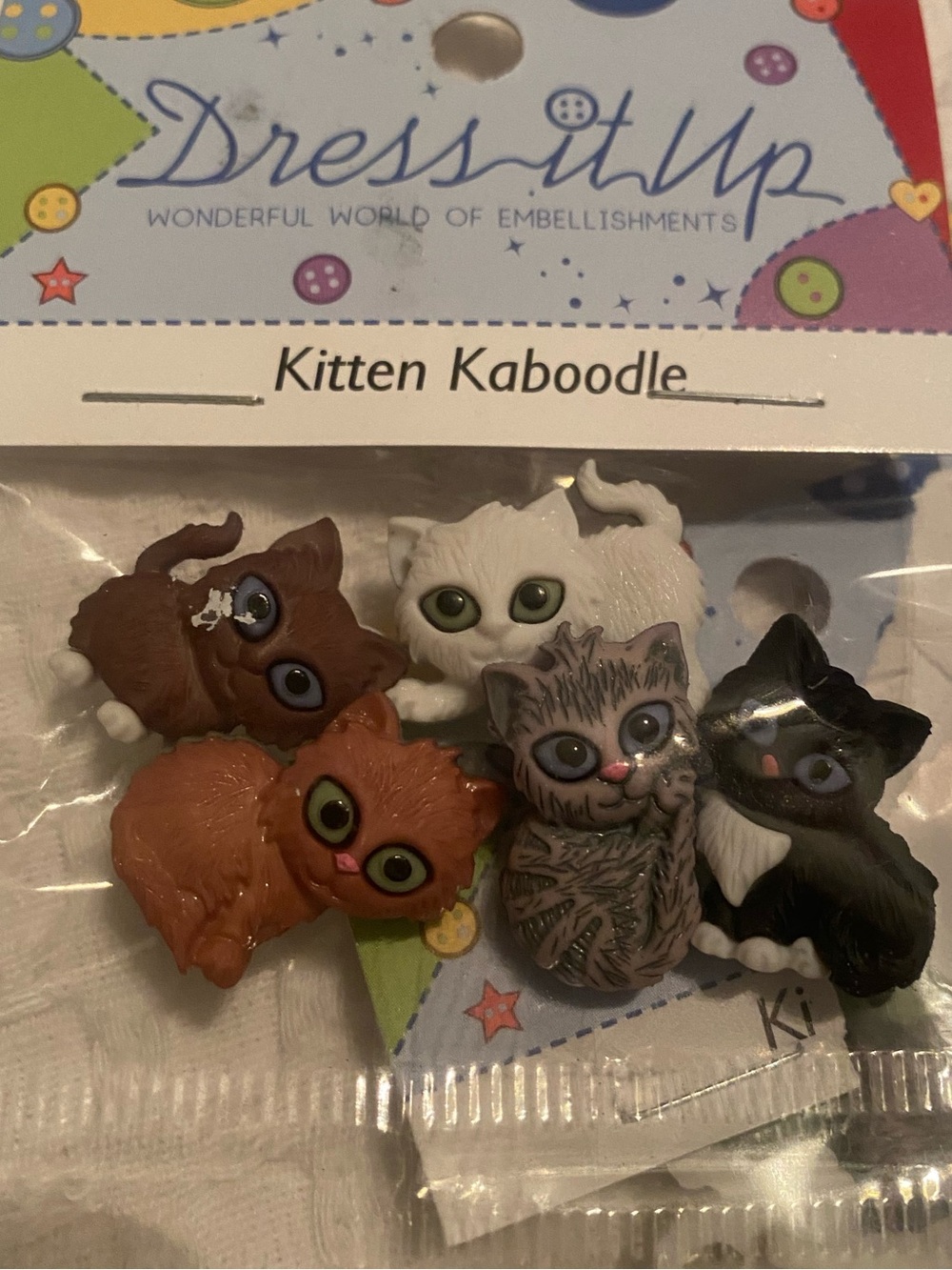 3 bags of dress It Up Kitten Kaboodle Embellishments - Colorful Kitten Buttons
